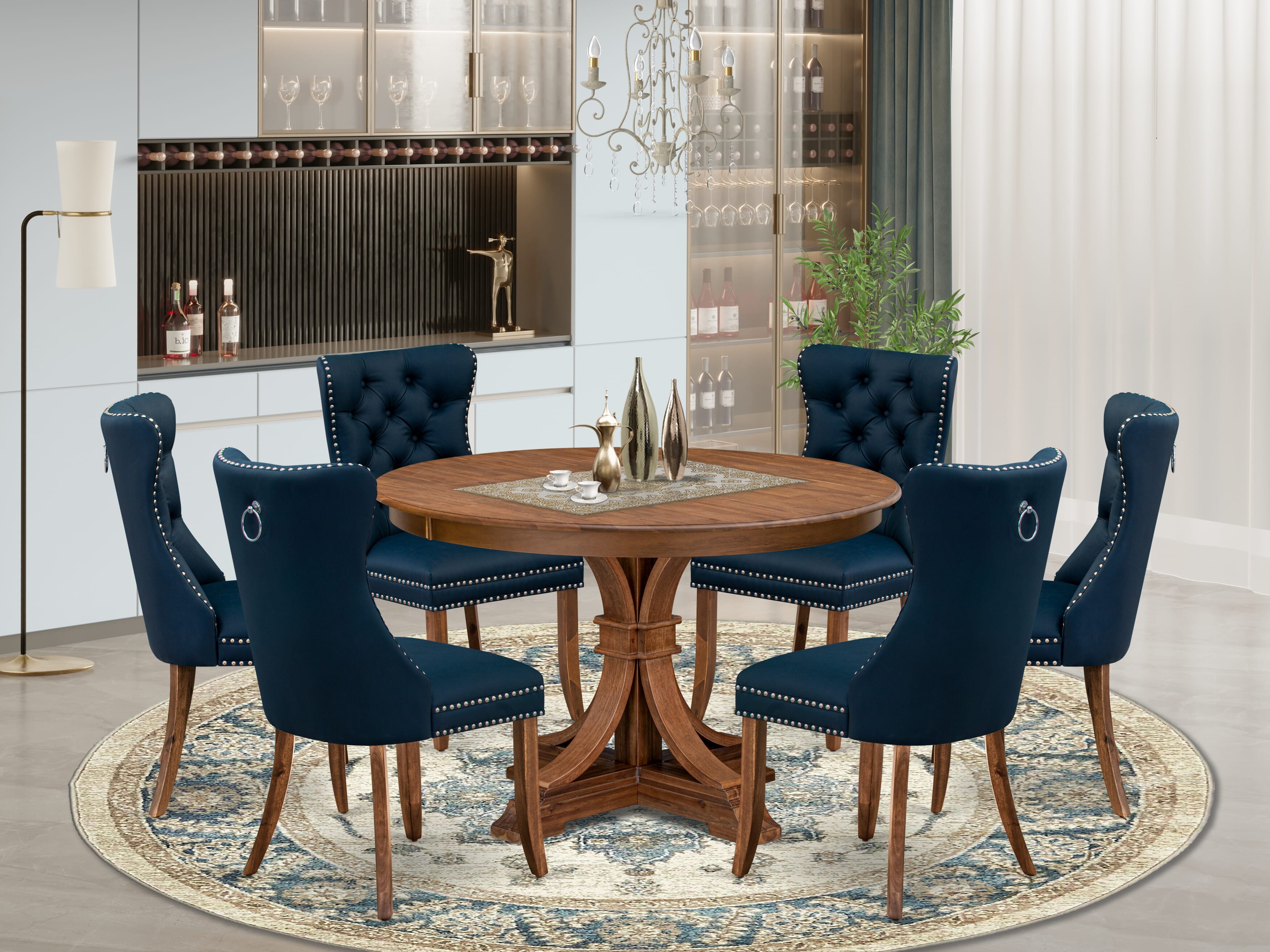 Luxe by East West Furniture F7DA7-40N-29 7-Piece Kitchen Table Set with Faux Leather 6 Navy Blue Parson chairs, Button-Tufted Backs, and a 48"Round Table in Antique Walnut Finish.