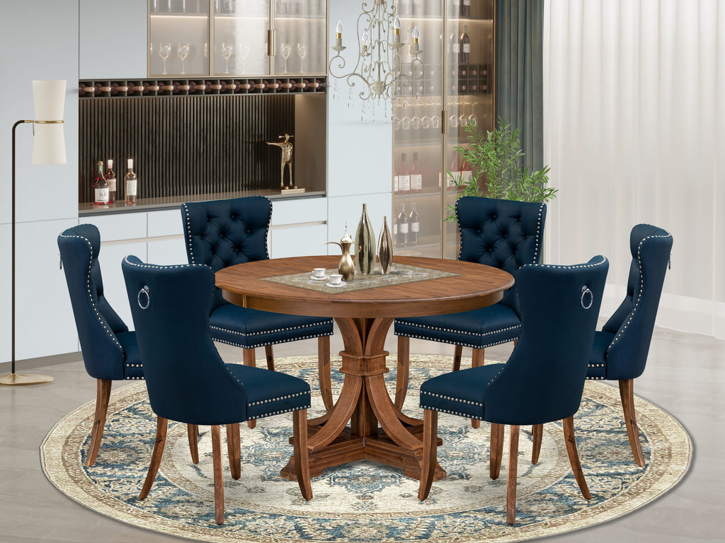 Luxe by East West Furniture F7DA7-40N-29 7-Piece Kitchen Table Set with Faux Leather 6 Navy Blue Parson chairs, Button-Tufted Backs, and a 48"Round Table in Antique Walnut Finish.