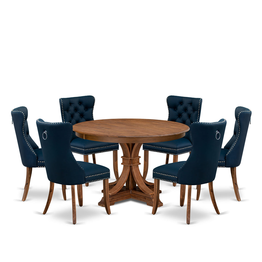 Luxe by East West Furniture F7DA7-40N-29 7-Piece Kitchen Table Set with Faux Leather 6 Navy Blue Parson chairs, Button-Tufted Backs, and a 48"Round Table in Antique Walnut Finish.