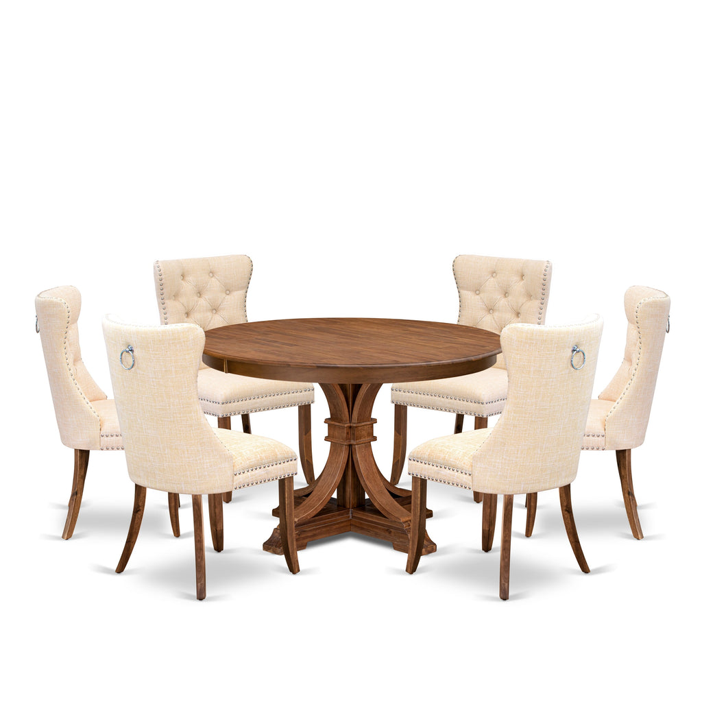 Luxe by East West Furniture F7DA7-40N-32 7-Piece Dining Set with Linen Fabric 6 Light Beige dining room chairs, Button-Tufted Backs, and a 48"Round Table in Antique Walnut Finish.