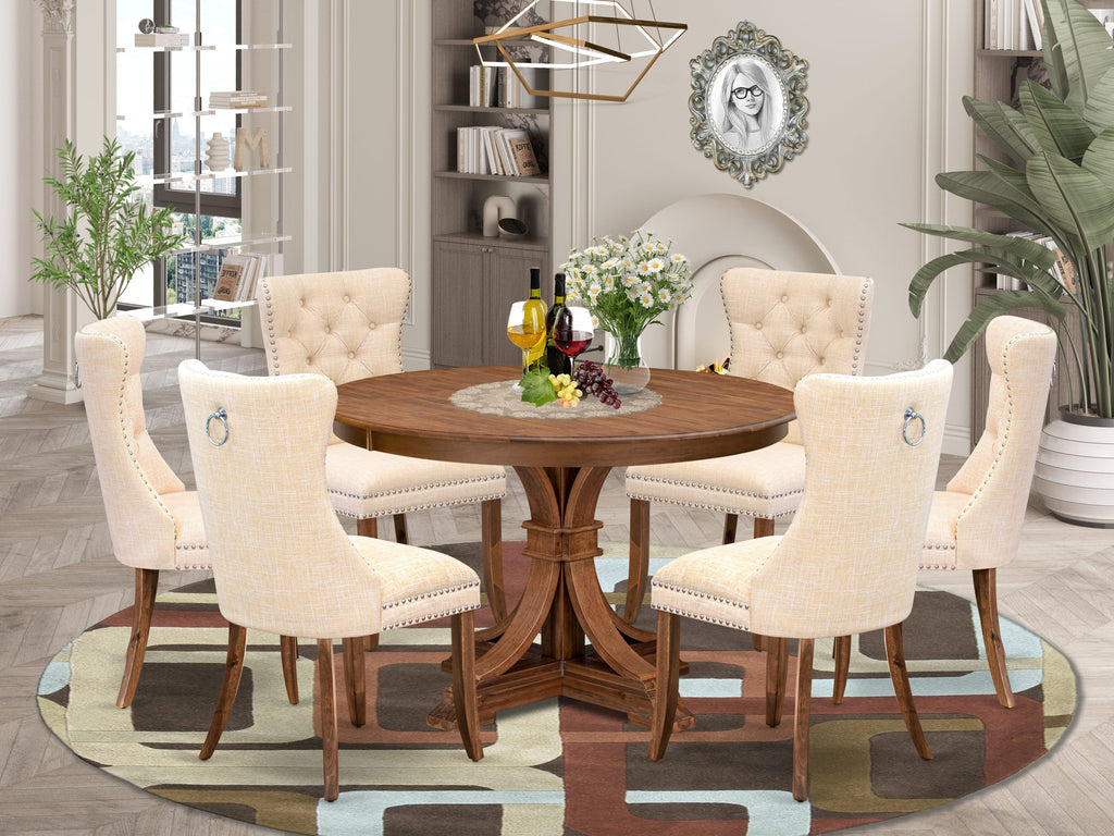 Luxe by East West Furniture F7DA7-40N-32 7-Piece Dining Set with Linen Fabric 6 Light Beige dining room chairs, Button-Tufted Backs, and a 48"Round Table in Antique Walnut Finish.