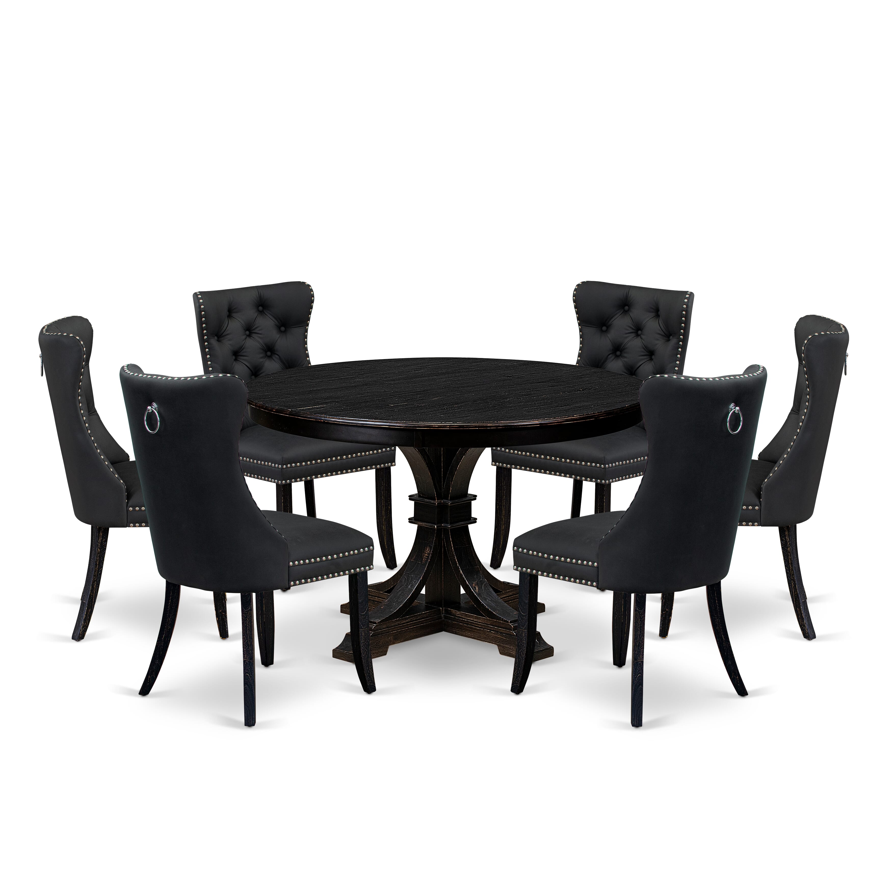 Luxe by East West Furniture F7DA7-411-12 7-Piece Mid Century Kitchen Set with Faux Leather 6 Dark Gray dining chairs, Button-Tufted Backs, and a 48"Round Kitchen Table in Sand Blasted Black Finish.