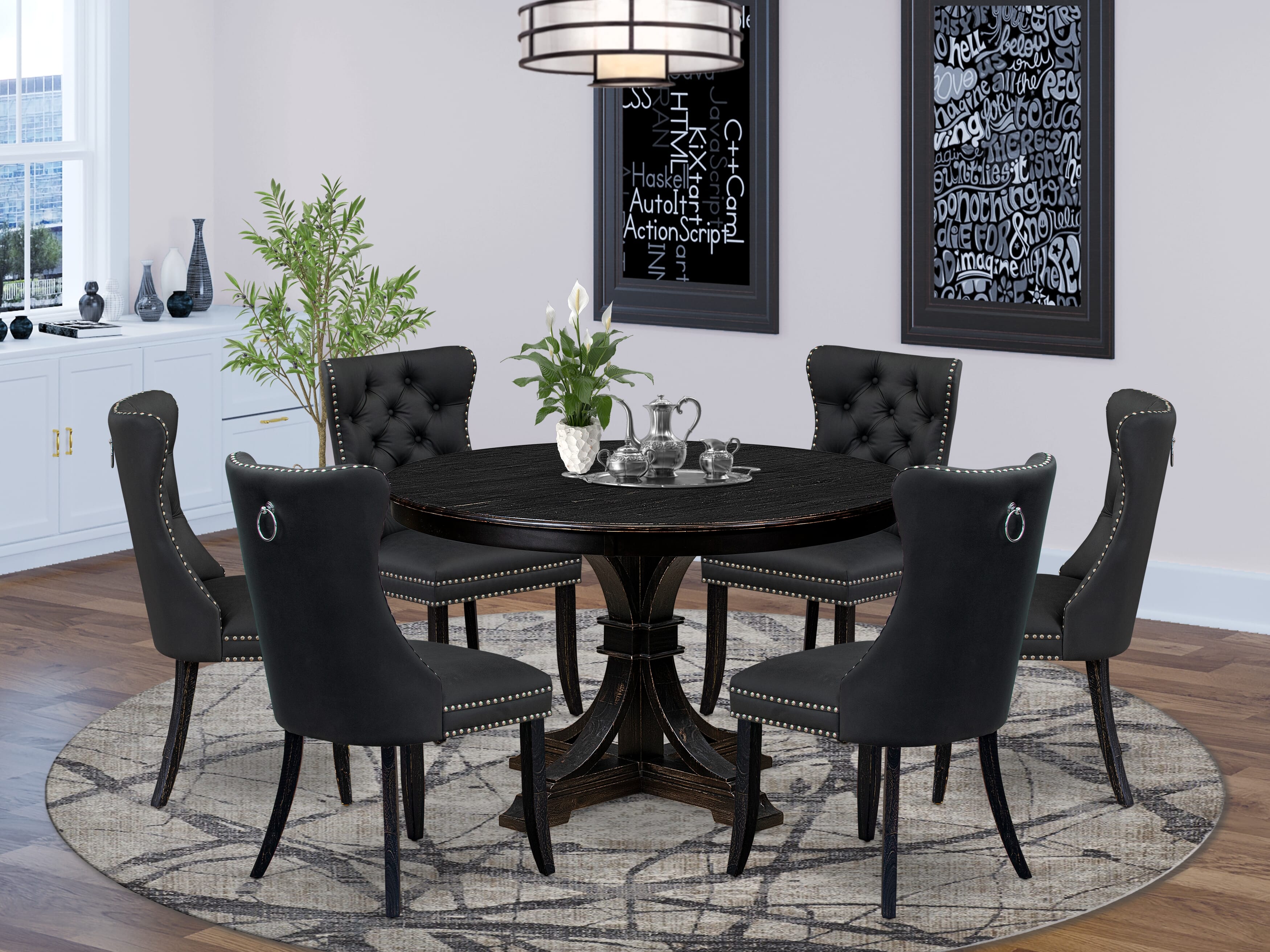 Luxe by East West Furniture F7DA7-411-12 7-Piece Mid Century Kitchen Set with Faux Leather 6 Dark Gray dining chairs, Button-Tufted Backs, and a 48"Round Kitchen Table in Sand Blasted Black Finish.