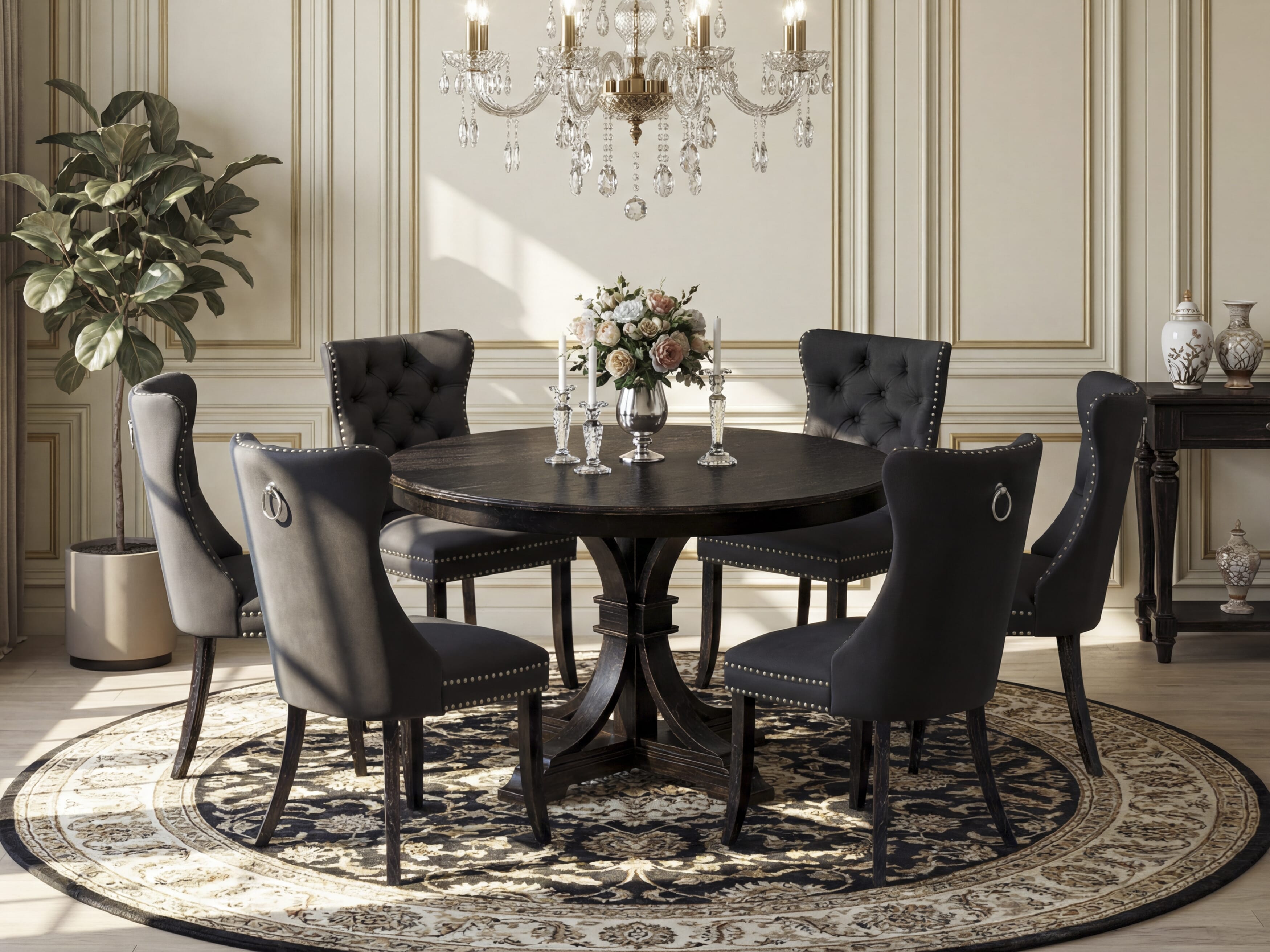 Luxe by East West Furniture F7DA7-411-12 7-Piece Mid Century Kitchen Set with Faux Leather 6 Dark Gray dining chairs, Button-Tufted Backs, and a 48"Round Kitchen Table in Sand Blasted Black Finish.