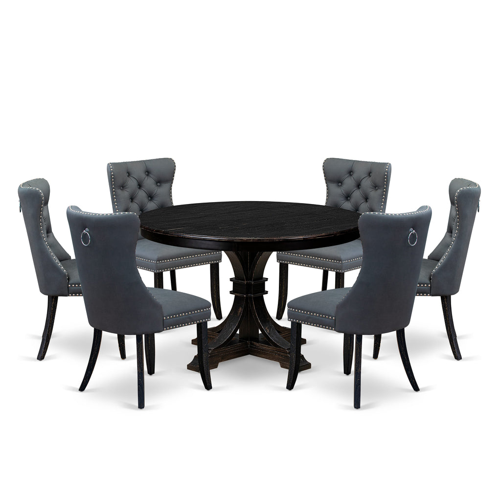 Luxe by East West Furniture F7DA7-411-13 7-piece Kitchen Table Set with Faux Leather 6 Platinum Gray dining chairs, Button-Tufted Backs, and a 48"Round Dining Table in Sand Blasted Black Finish.
