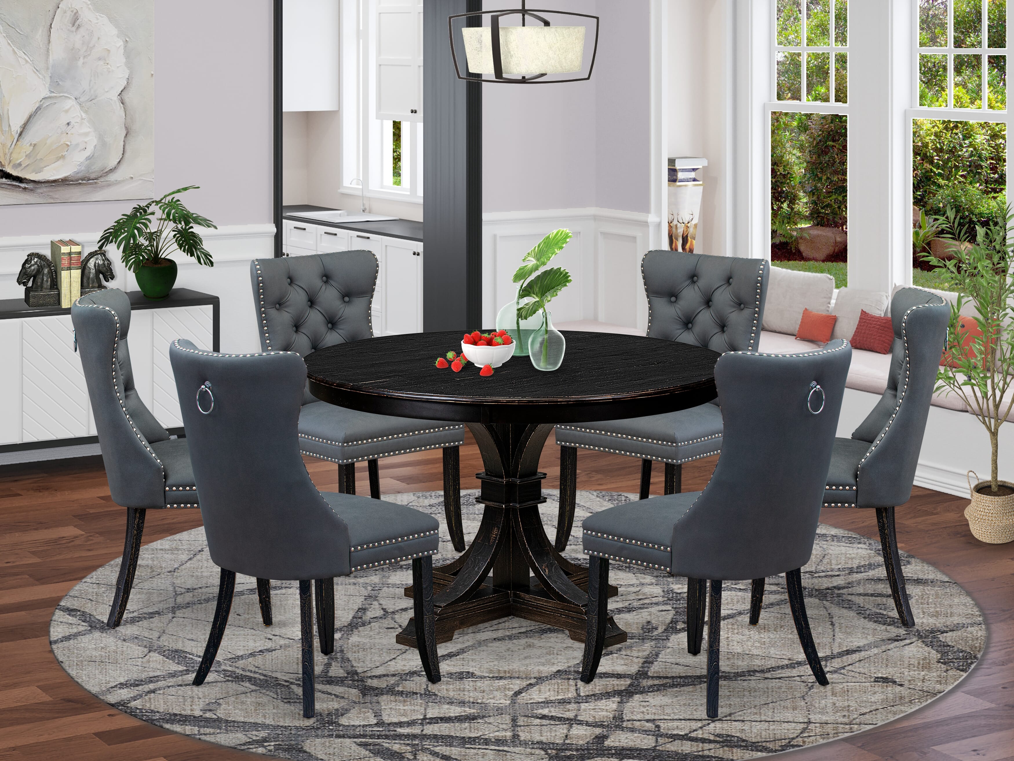 Luxe by East West Furniture F7DA7-411-13 7-piece Kitchen Table Set with Faux Leather 6 Platinum Gray dining chairs, Button-Tufted Backs, and a 48"Round Dining Table in Sand Blasted Black Finish.