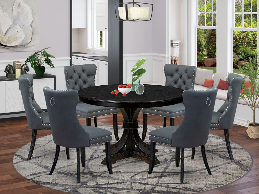 Luxe by East West Furniture F7DA7-411-13 7-piece Kitchen Table Set with Faux Leather 6 Platinum Gray dining chairs, Button-Tufted Backs, and a 48"Round Dining Table in Sand Blasted Black Finish.