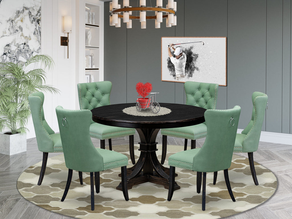 Luxe by East West Furniture F7DA7-411-22 7 Piece Dinette Set Includes a 48" Round Table with Pedestal and 6 Willow Green Faux Leather Upholstered Chairs, Sand Blasted Black