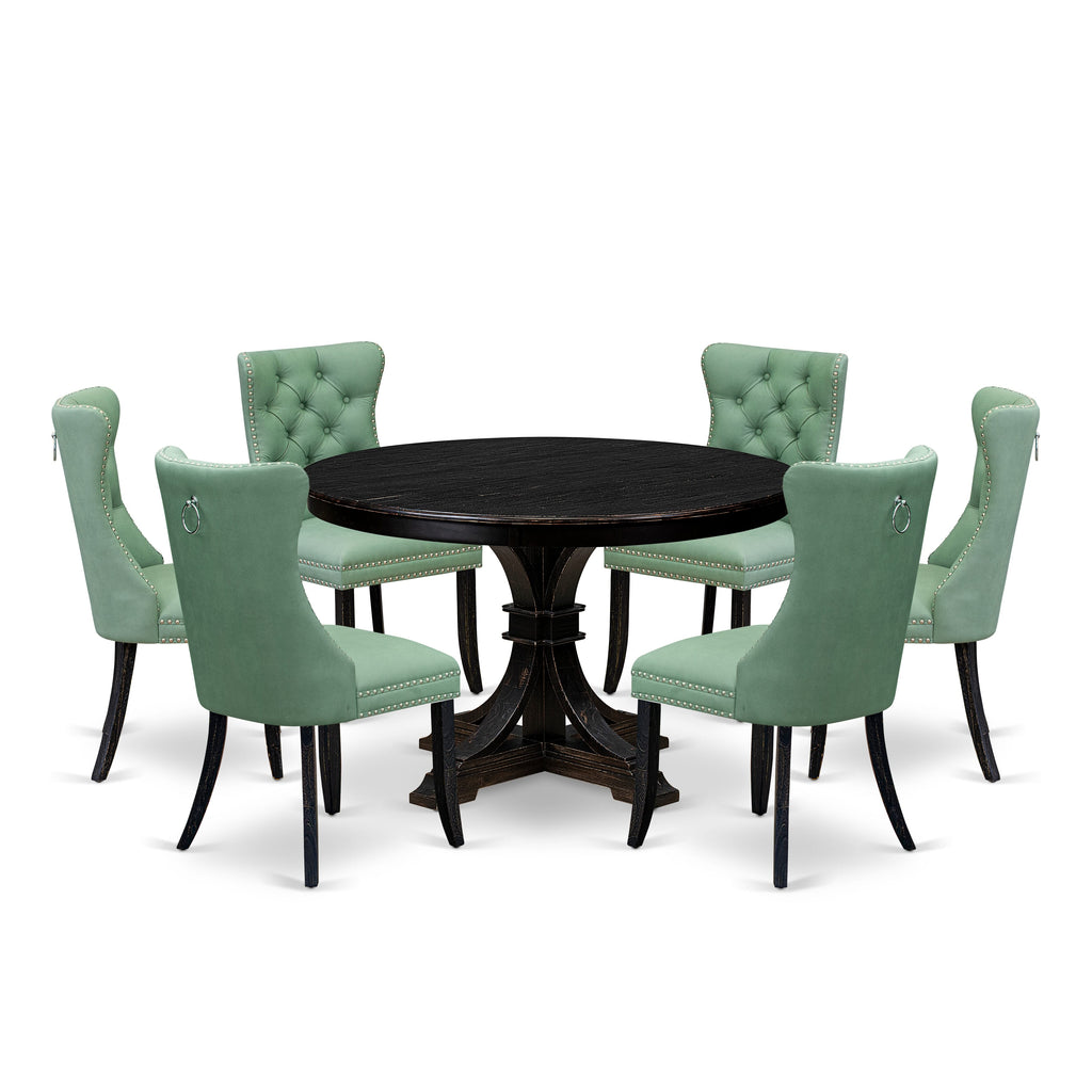 Luxe by East West Furniture F7DA7-411-22 7 Piece Dinette Set Includes a 48" Round Table with Pedestal and 6 Willow Green Faux Leather Upholstered Chairs, Sand Blasted Black