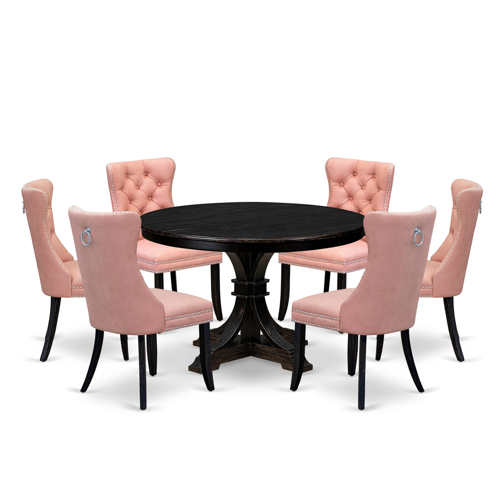 Luxe by East West Furniture F7DA7-411-23 7 Piece Dining Set Consists of a 48" Round Table with Pedestal and 6 Beige Red Faux Leather Upholstered Chairs, Sand Blasted Black