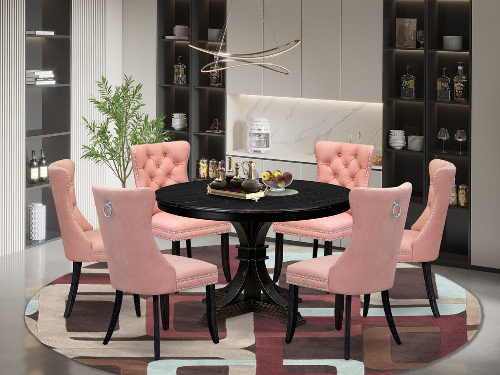 Luxe by East West Furniture F7DA7-411-23 7 Piece Dining Set Consists of a 48" Round Table with Pedestal and 6 Beige Red Faux Leather Upholstered Chairs, Sand Blasted Black