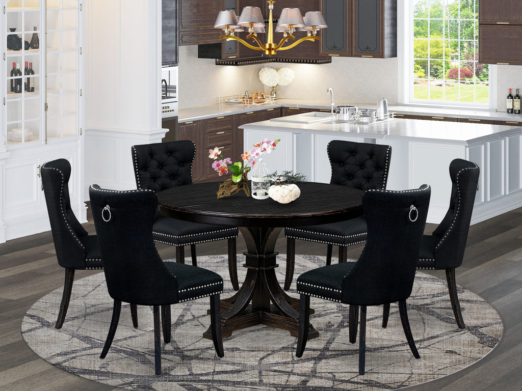 Luxe by East West Furniture F7DA7-411-24 7 Piece Kitchen Table Set Includes a 48" Round Table with Pedestal and 6 Black Linen Fabric Upholstered Chairs, Sand Blasted Black