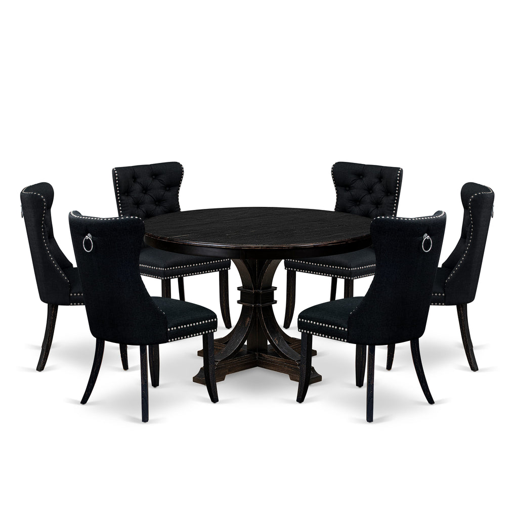 Luxe by East West Furniture F7DA7-411-24 7 Piece Kitchen Table Set Includes a 48" Round Table with Pedestal and 6 Black Linen Fabric Upholstered Chairs, Sand Blasted Black