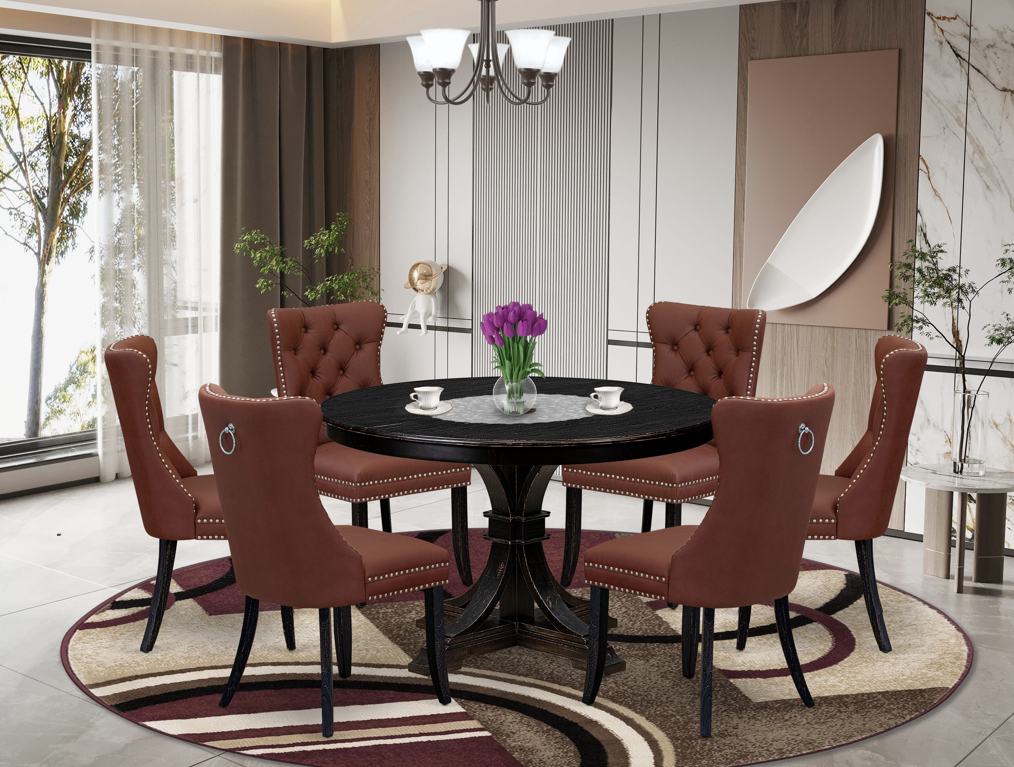 Luxe by East West Furniture F7DA7-411-26 7 Piece Dining Table Set Consists of a 48" Round Table with Pedestal and 6 Burgundy Faux Leather Parson Chairs, Sand Blasted Black