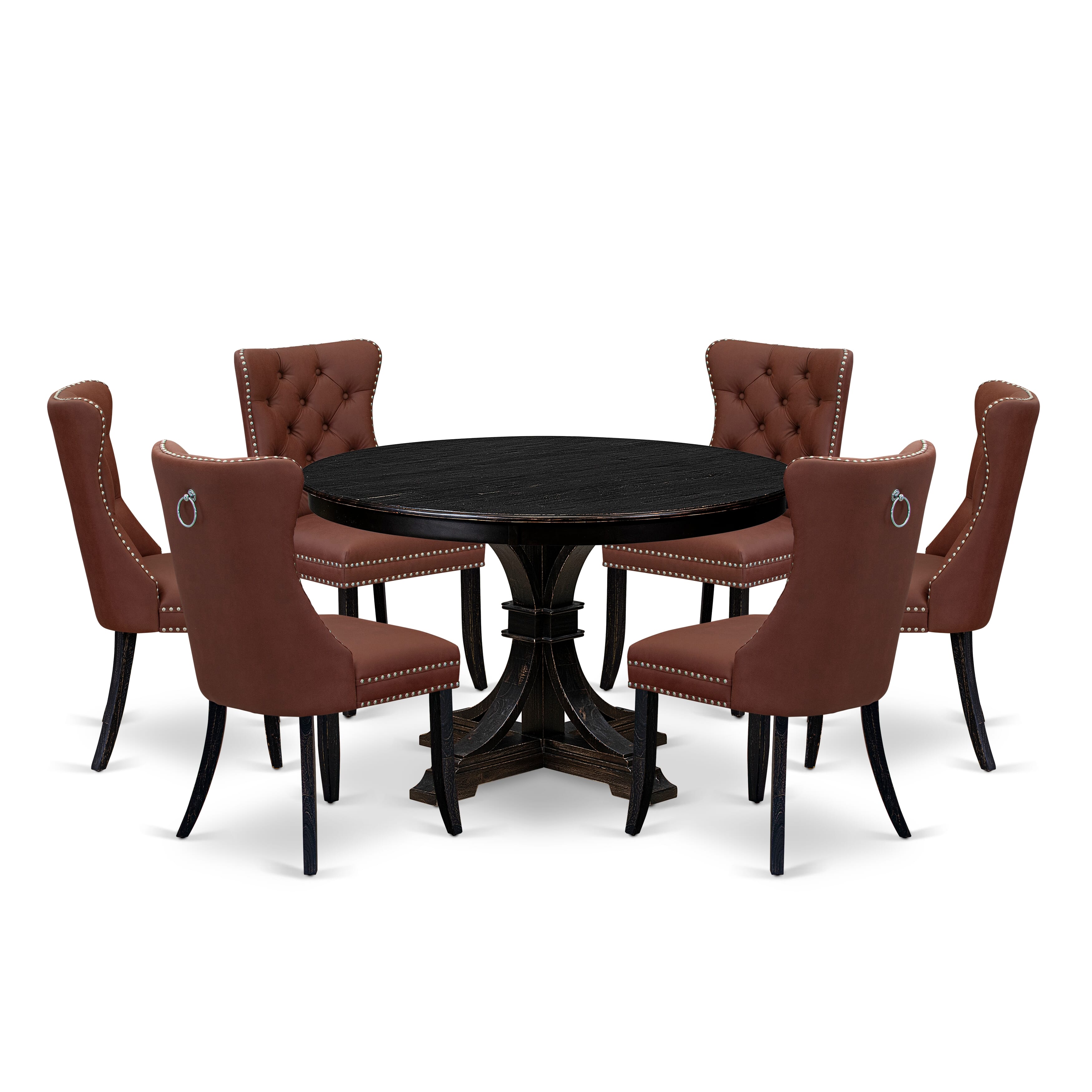 Luxe by East West Furniture F7DA7-411-26 7 Piece Dining Table Set Consists of a 48" Round Table with Pedestal and 6 Burgundy Faux Leather Parson Chairs, Sand Blasted Black
