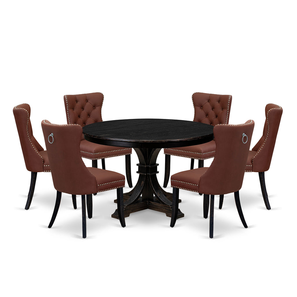 Luxe by East West Furniture F7DA7-411-26 7 Piece Dining Table Set Consists of a 48" Round Table with Pedestal and 6 Burgandy Faux Leather Parson Chairs, Sand Blasted Black