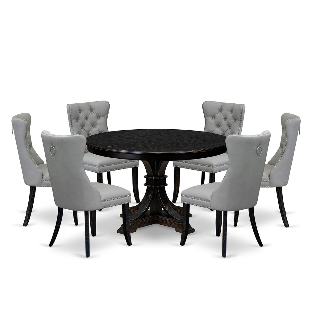 Luxe by East West Furniture F7DA7-411-27 7 Piece Dining Table Set Consists of a 48" Round Table with Pedestal and 6 Light Gray Faux Leather Padded Chairs, Sand Blasted Black