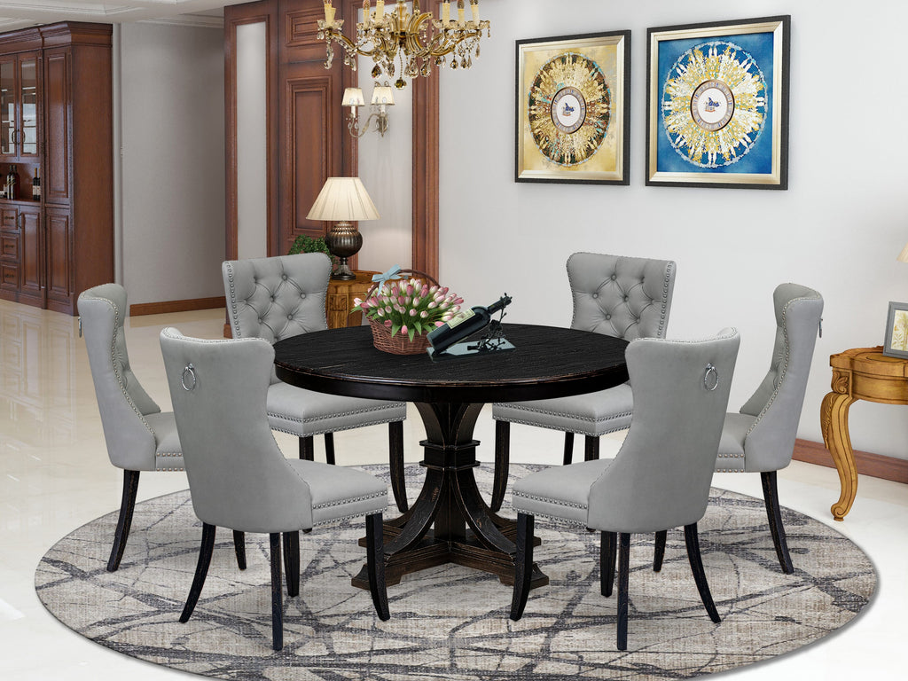Luxe by East West Furniture F7DA7-411-27 7 Piece Dining Table Set Consists of a 48" Round Table with Pedestal and 6 Light Gray Faux Leather Padded Chairs, Sand Blasted Black