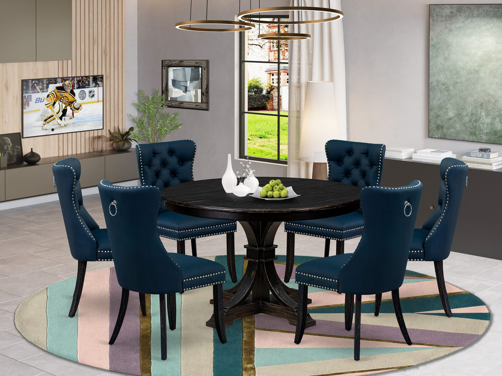 Luxe by East West Furniture F7DA7-411-29 7 Piece Dining Table Set Includes a 48" Round Table with Pedestal and 6 Navy Blue Faux Leather Upholstered Chairs, Sand Blasted Black
