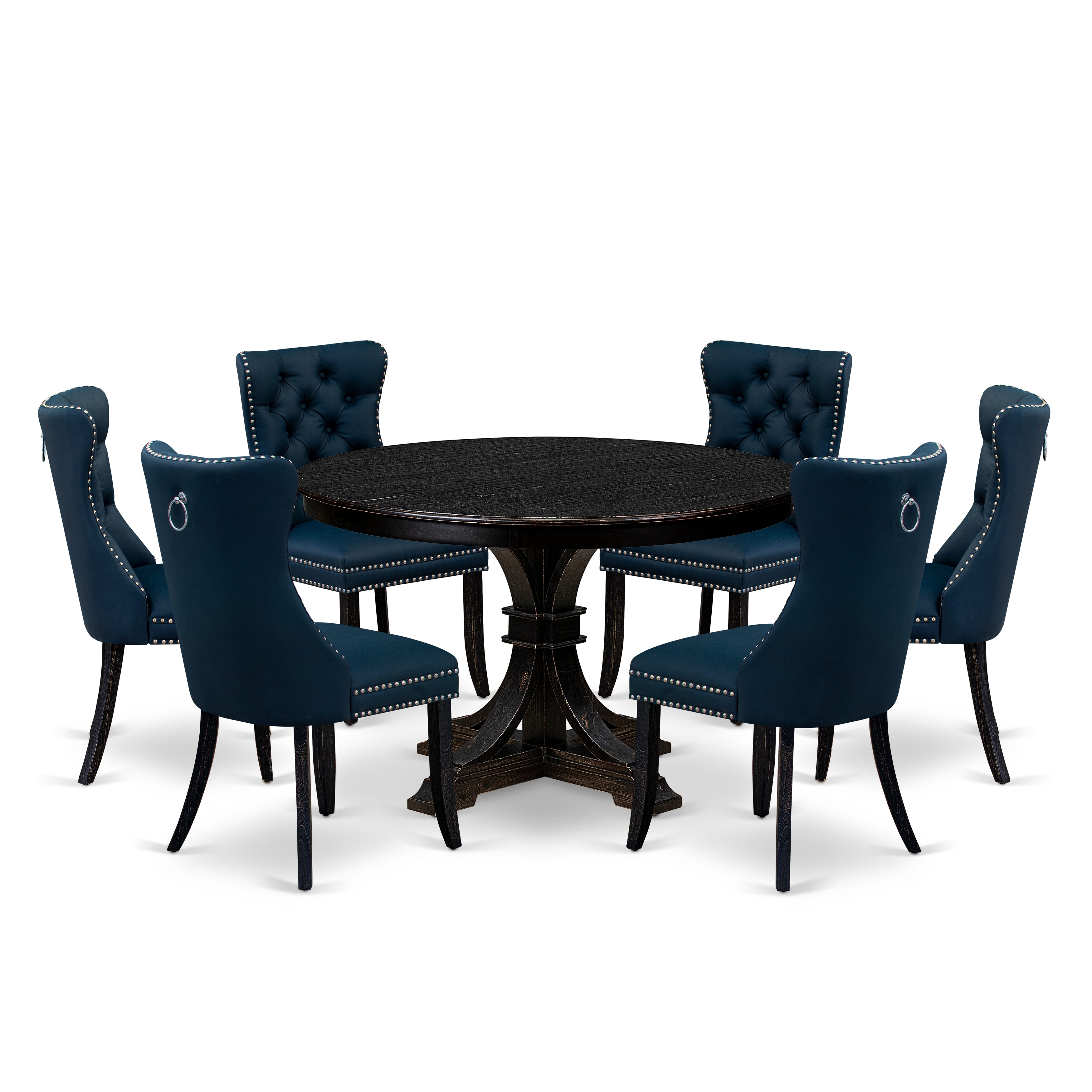 Luxe by East West Furniture F7DA7-411-29 7 Piece Dining Table Set Includes a 48" Round Table with Pedestal and 6 Navy Blue Faux Leather Upholstered Chairs, Sand Blasted Black