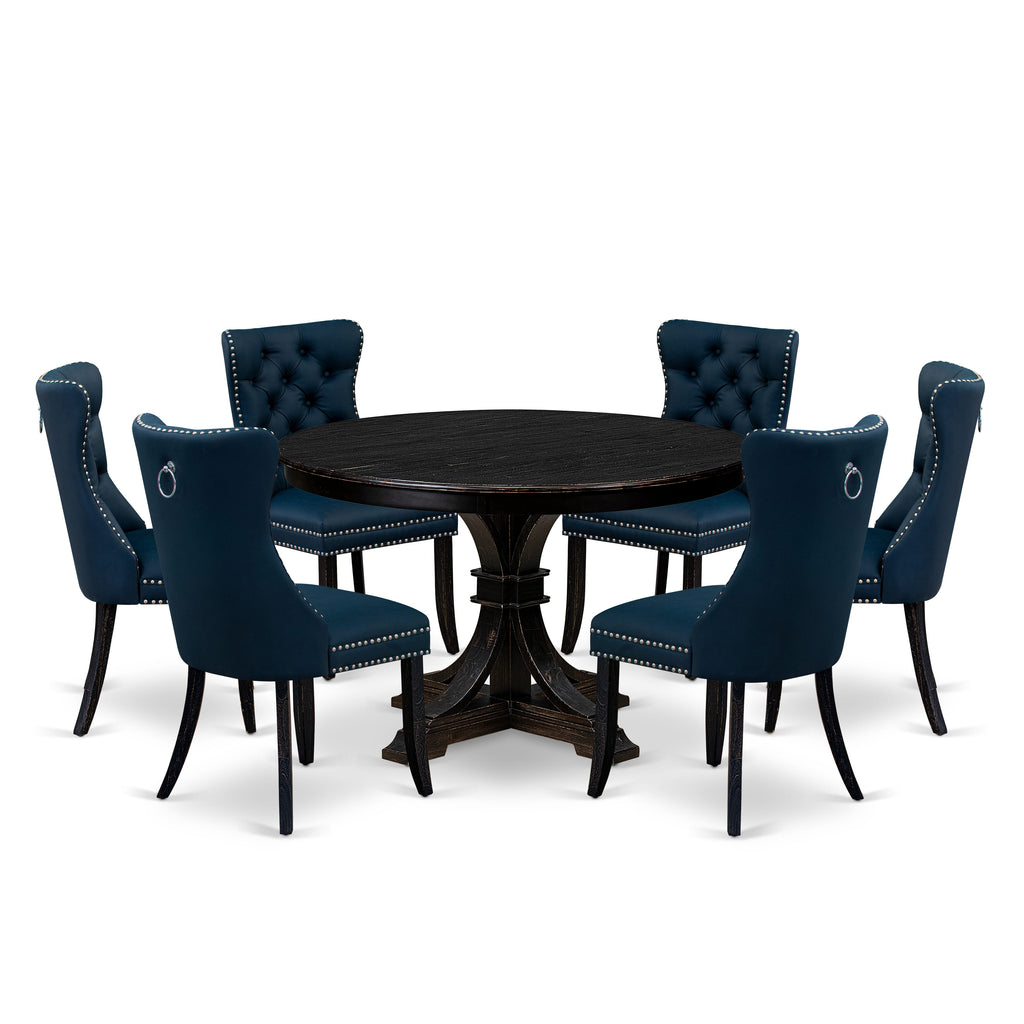 Luxe by East West Furniture F7DA7-411-29 7 Piece Dining Table Set Includes a 48" Round Table with Pedestal and 6 Navy Blue Faux Leather Upholstered Chairs, Sand Blasted Black