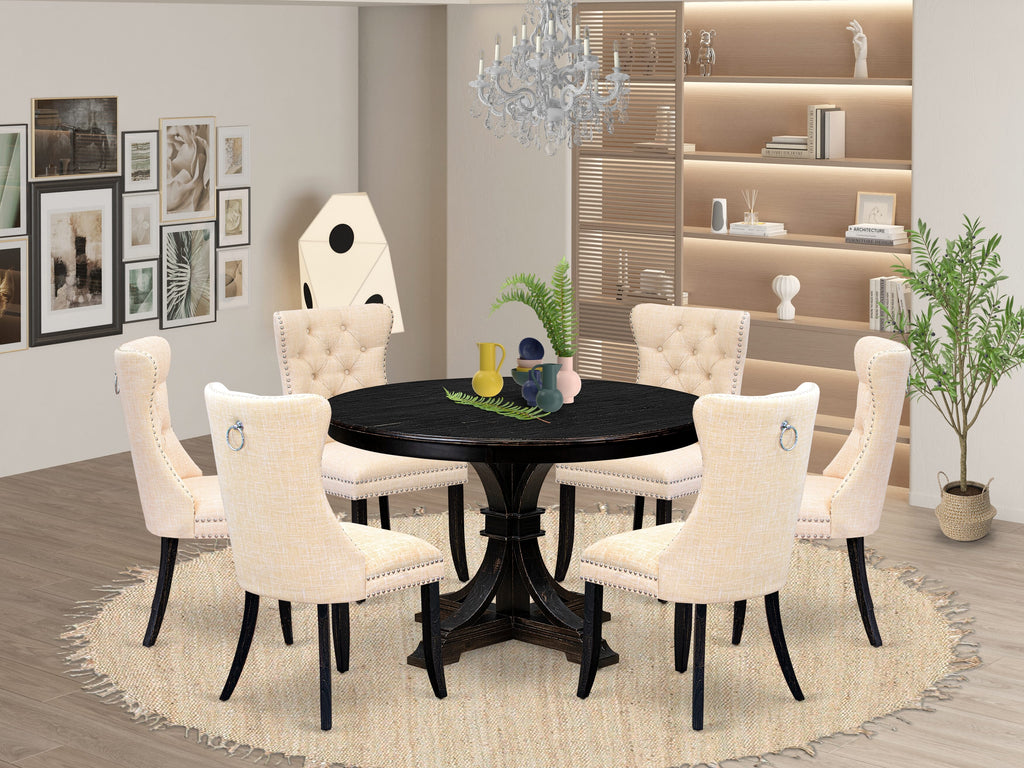 Luxe by East West Furniture F7DA7-411-32 7-piece Dining Set contains a kitchen table and 6 Light Beige Linen Fabric dinning chairs with Button Tufted Back - Sand Blasted Black