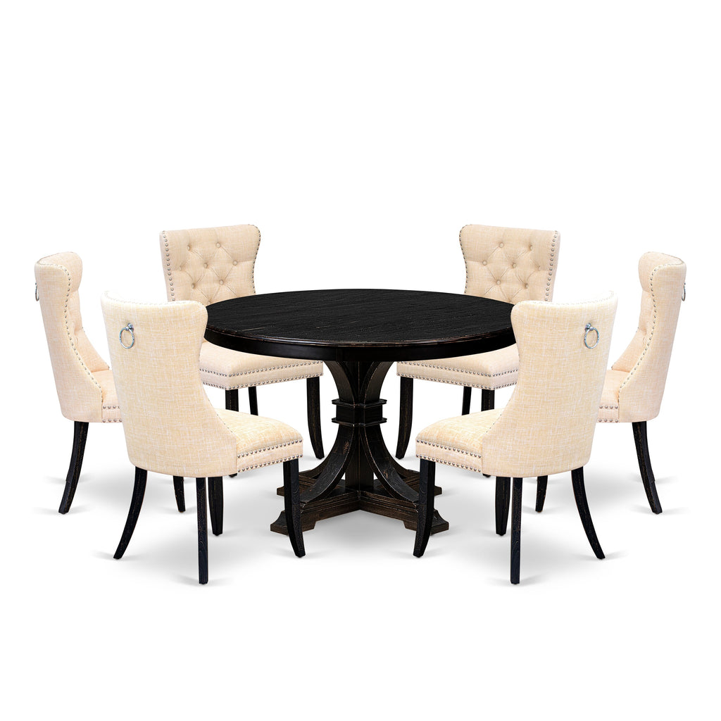 Luxe by East West Furniture F7DA7-411-32 7-piece Dining Set contains a kitchen table and 6 Light Beige Linen Fabric dinning chairs with Button Tufted Back - Sand Blasted Black
