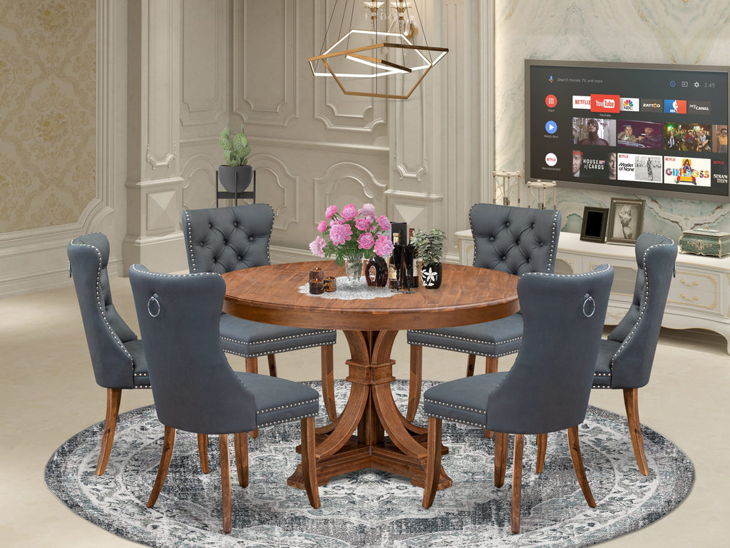 Luxe by East West Furniture F7DA7-50N-13 7-piece Modern Dining Room set consists of a Kitchen Table and 6 Platinum Gray Faux Leather Dining Chairs with Button Tufted Back - Antique Walnut Finish