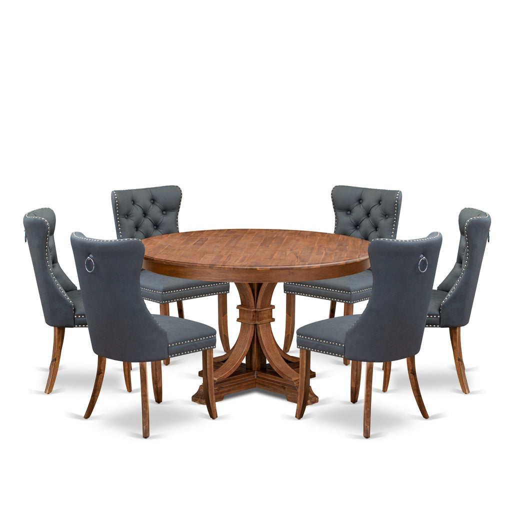 Luxe by East West Furniture F7DA7-50N-13 7-piece Modern Dining Room set consists of a Kitchen Table and 6 Platinum Gray Faux Leather Dining Chairs with Button Tufted Back - Antique Walnut Finish