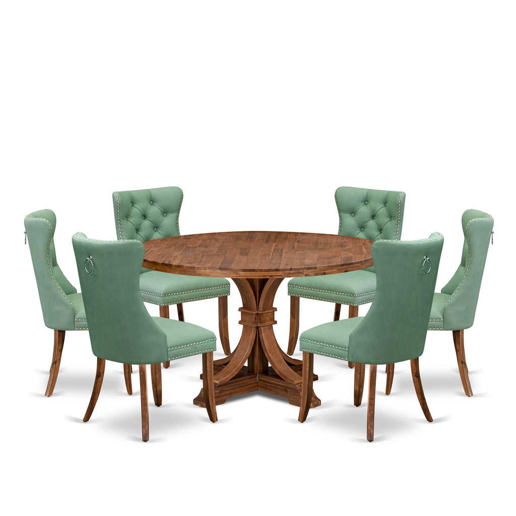 Luxe by East West Furniture F7DA7-50N-22 7-Pc Dining Set Contain a Dining Room Table and 6 Willow Green Faux Leather Upholstered Chairs with Button-Tufted Back, Antique Walnut