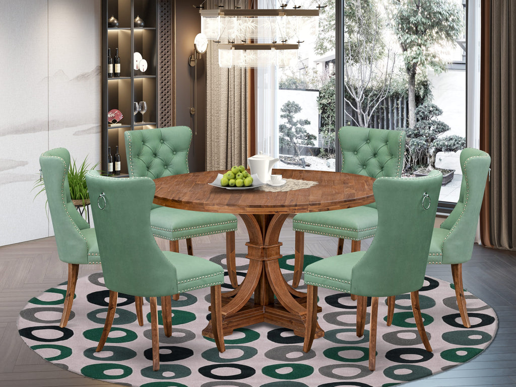 Luxe by East West Furniture F7DA7-50N-22 7-Pc Dining Set Contain a Dining Room Table and 6 Willow Green Faux Leather Upholstered Chairs with Button-Tufted Back, Antique Walnut