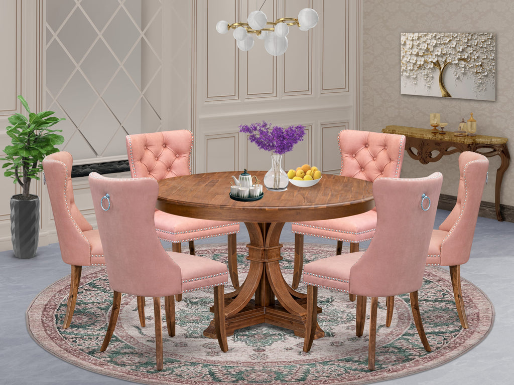 Luxe by East West Furniture F7DA7-50N-23 7-Pc Modern Dining Set Contain a Dining Table and 6 Beige Red Faux Leather Upholstered Chairs with Button-Tufted Back, Antique Walnut