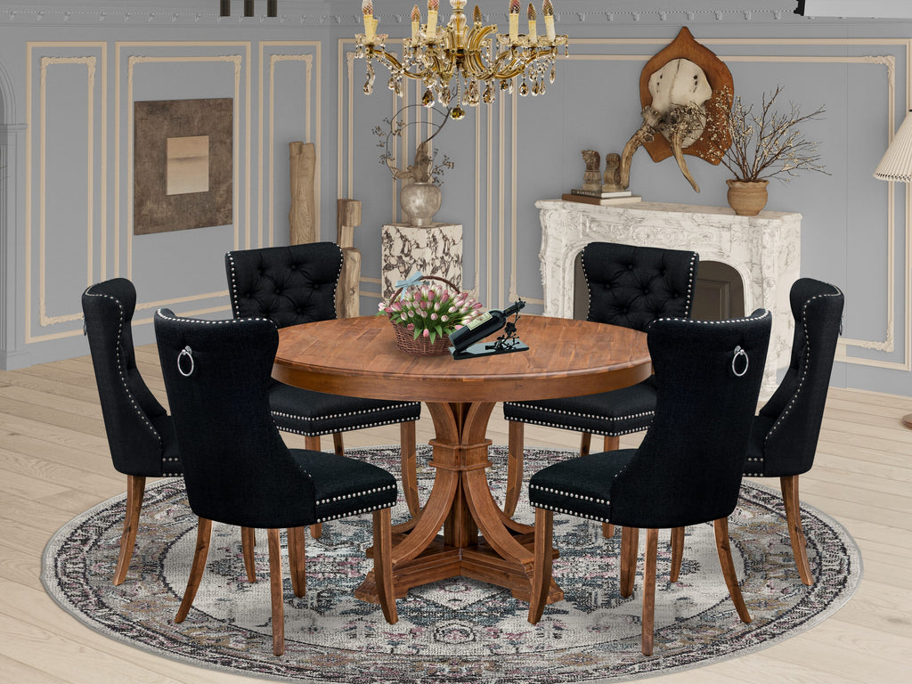 Luxe by East West Furniture F7DA7-50N-24 7-Piece Kitchen Table Set with Linen Fabric 6 Black padded chairs, Button-Tufted Backs, and a 54"Round Dinner Table in Antique Walnut Finish.