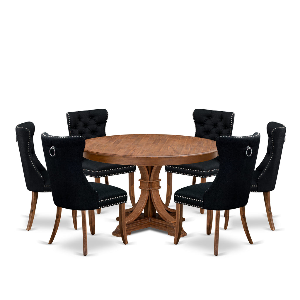 Luxe by East West Furniture F7DA7-50N-24 7-Piece Kitchen Table Set with Linen Fabric 6 Black padded chairs, Button-Tufted Backs, and a 54"Round Dinner Table in Antique Walnut Finish.