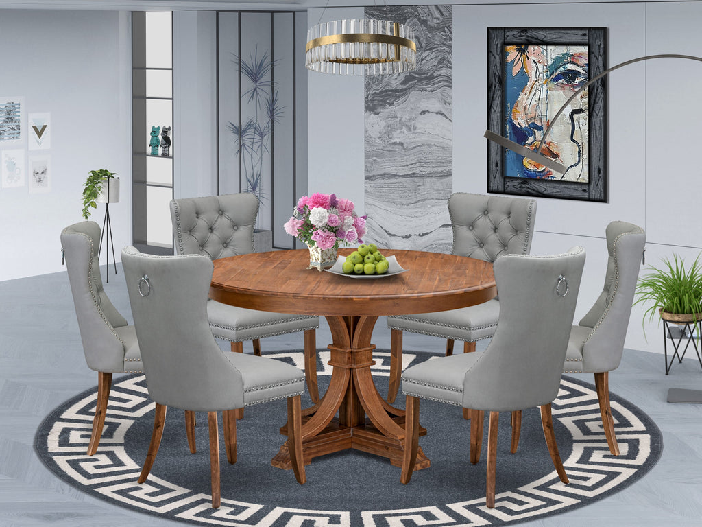 Luxe by East West Furniture F7DA7-50N-27 7-Pc Dining Room Table Set Contain a Table and 6 Light Gray Faux Leather Upholstered Chairs with Button-Tufted Back, Antique Walnut