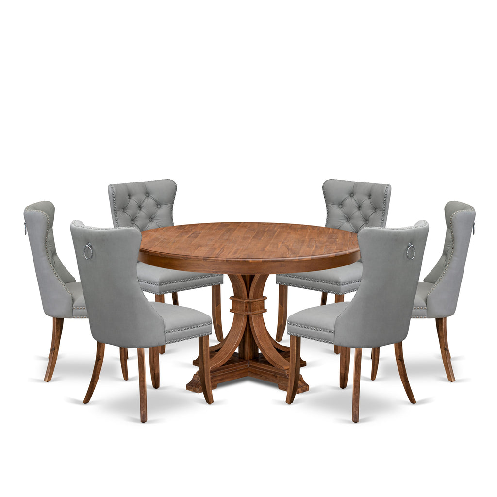 Luxe by East West Furniture F7DA7-50N-27 7-Pc Dining Room Table Set Contain a Table and 6 Light Gray Faux Leather Upholstered Chairs with Button-Tufted Back, Antique Walnut