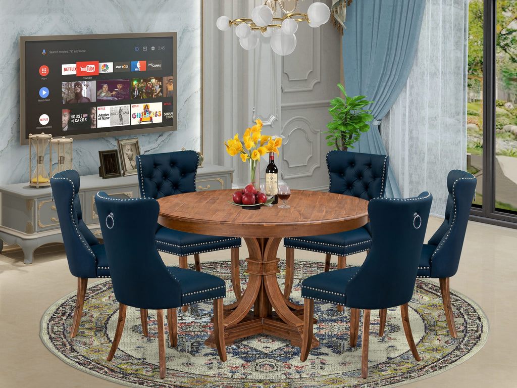Luxe by East West Furniture F7DA7-50N-29 7-Pc Dining Room Set Contain a Dining Room Table and 6 Navy Blue Faux Leather Padded Chairs with Button-Tufted Back, Antique Walnut