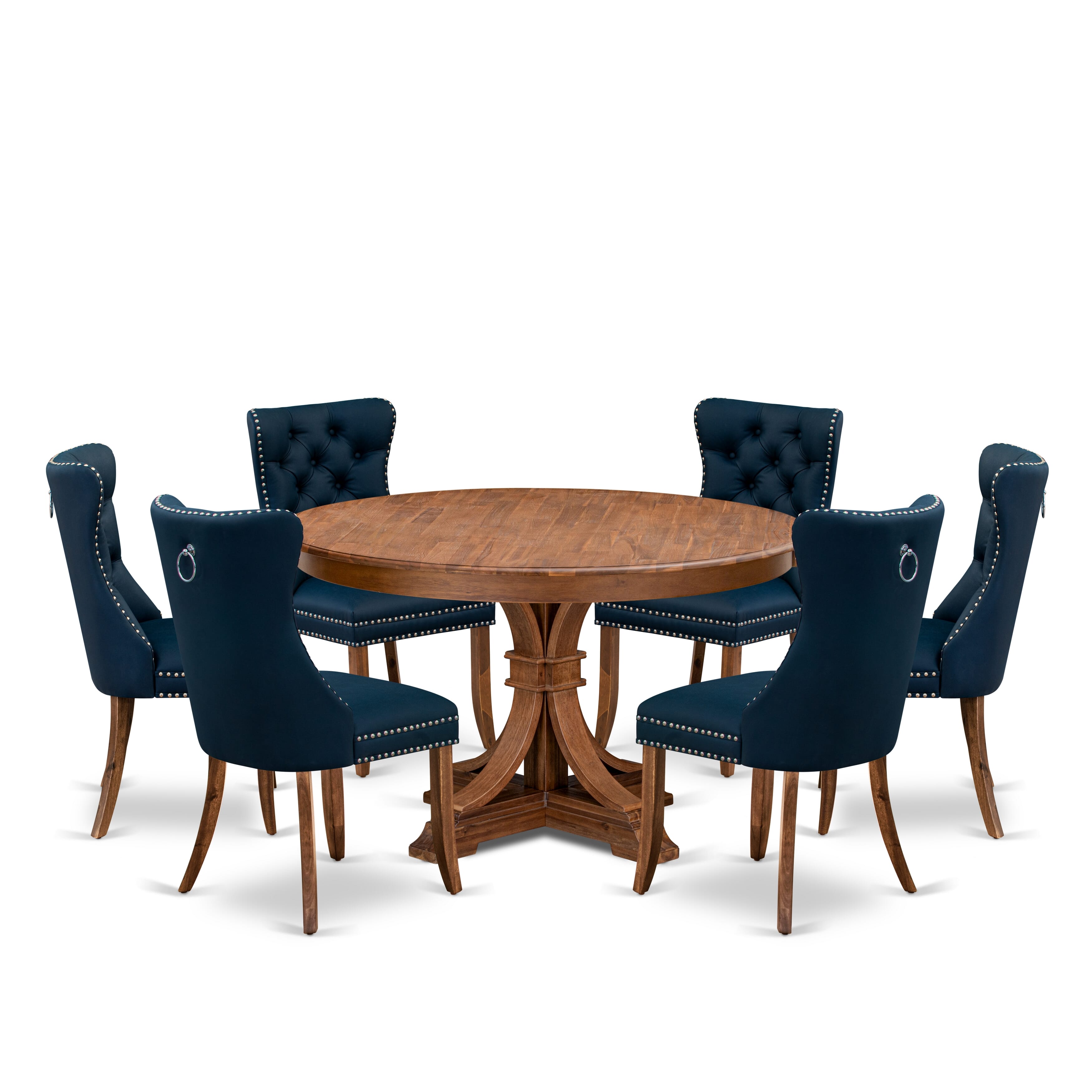 Luxe by East West Furniture F7DA7-50N-29 7-Pc Dining Room Set Contain a Dining Room Table and 6 Navy Blue Faux Leather Padded Chairs with Button-Tufted Back, Antique Walnut