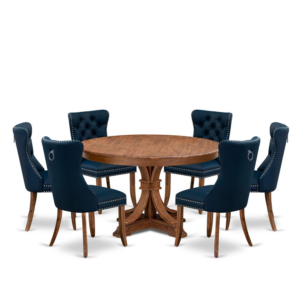 Luxe by East West Furniture F7DA7-50N-29 7-Pc Dining Room Set Contain a Dining Room Table and 6 Navy Blue Faux Leather Padded Chairs with Button-Tufted Back, Antique Walnut