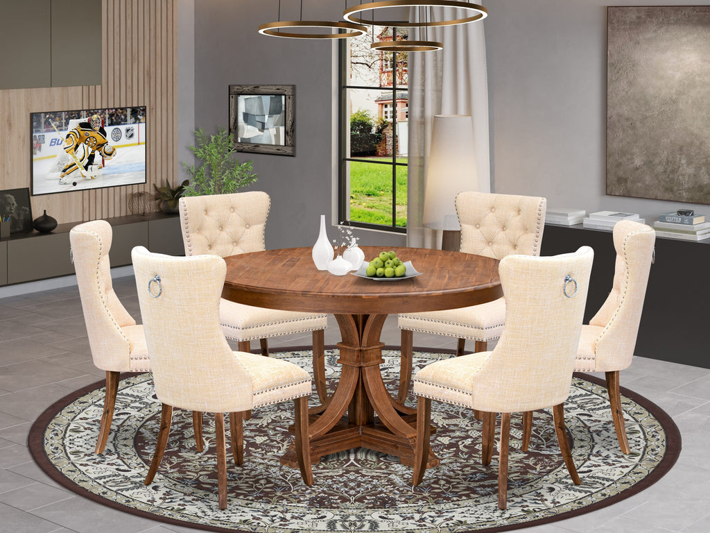 Luxe by East West Furniture F7DA7-50N-32 7-Piece Kitchen Table Set with Linen Fabric 6 Light Beige Kitchen chairs, Button-Tufted Backs, and a 54"Round Breakfast Table in Antique Walnut Finish.