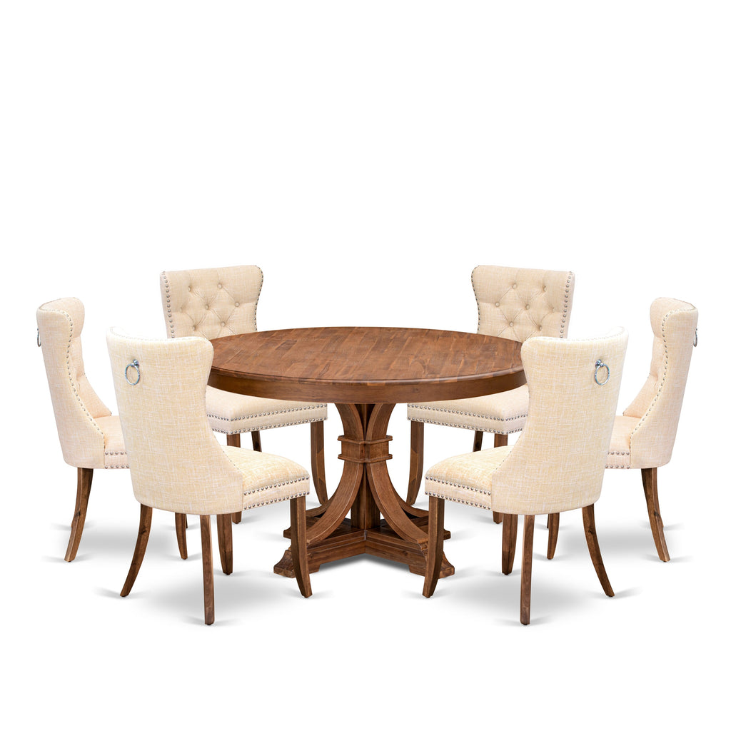 Luxe by East West Furniture F7DA7-50N-32 7-Piece Kitchen Table Set with Linen Fabric 6 Light Beige Kitchen chairs, Button-Tufted Backs, and a 54"Round Breakfast Table in Antique Walnut Finish.