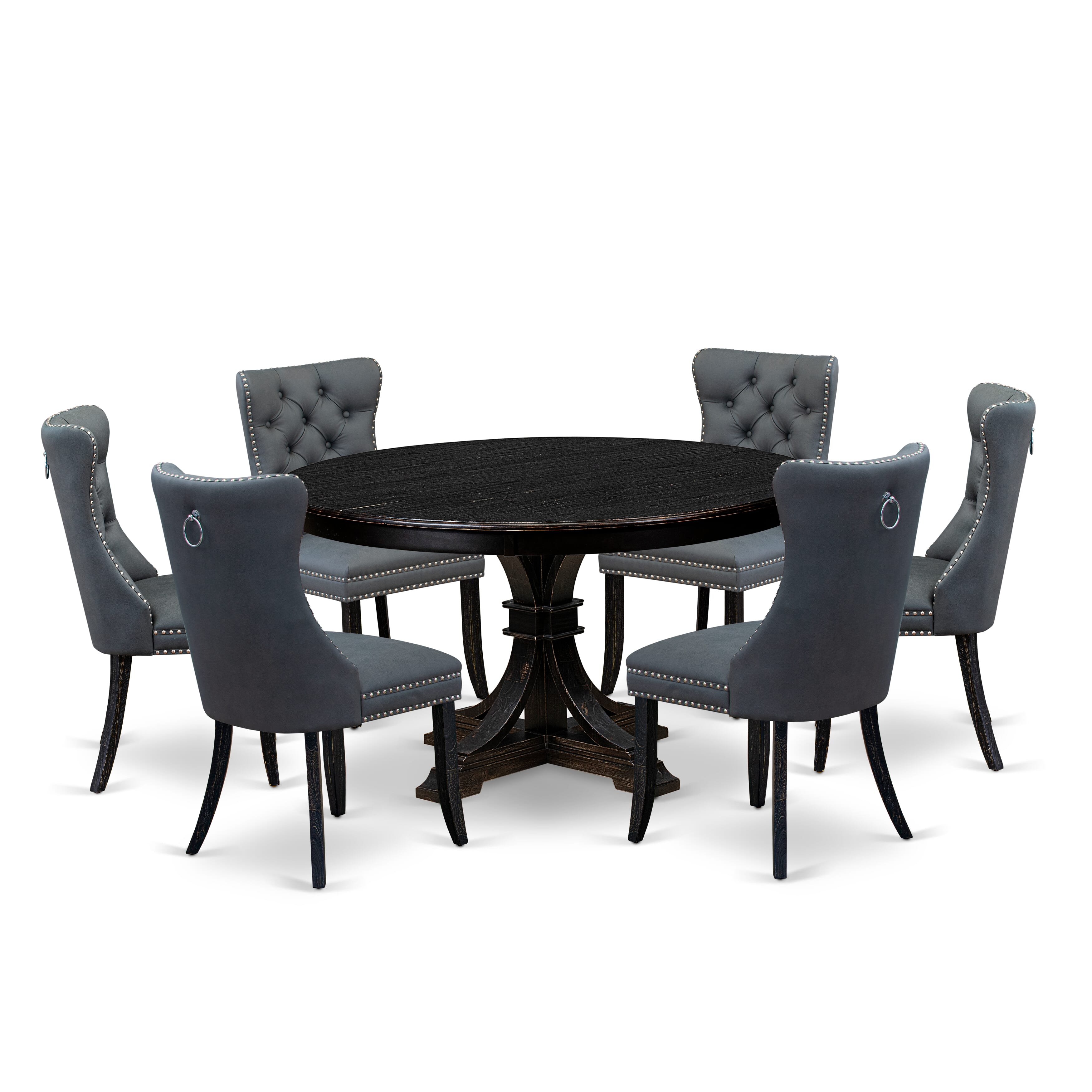 Luxe by East West Furniture F7DA7-511-13 7-piece Kitchen Table Set with Faux Leather 6 Platinum Gray parson dining chairs, Button-Tufted Backs, and a 54"Round Table in Sand Blasted Black Finish.