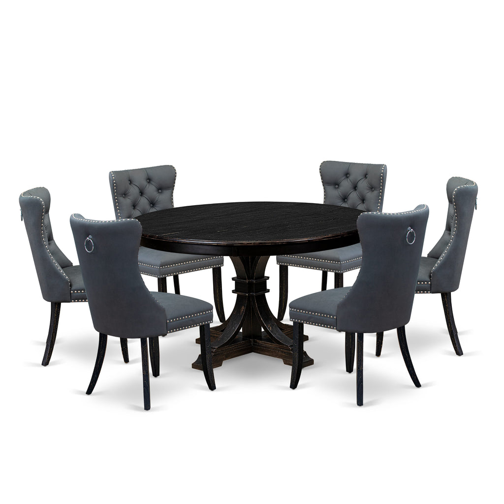 Luxe by East West Furniture F7DA7-511-13 7-piece Kitchen Table Set with Faux Leather 6 Platinum Gray parson dining chairs, Button-Tufted Backs, and a 54"Round Table in Sand Blasted Black Finish.