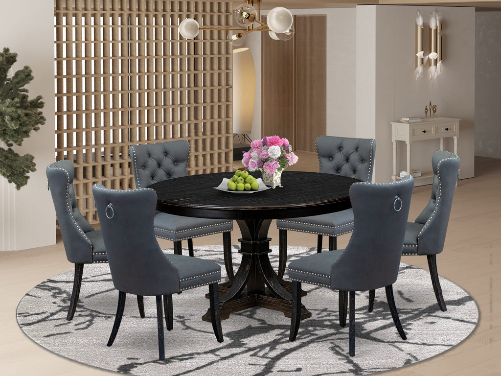 Luxe by East West Furniture F7DA7-511-13 7-piece Kitchen Table Set with Faux Leather 6 Platinum Gray parson dining chairs, Button-Tufted Backs, and a 54"Round Table in Sand Blasted Black Finish.