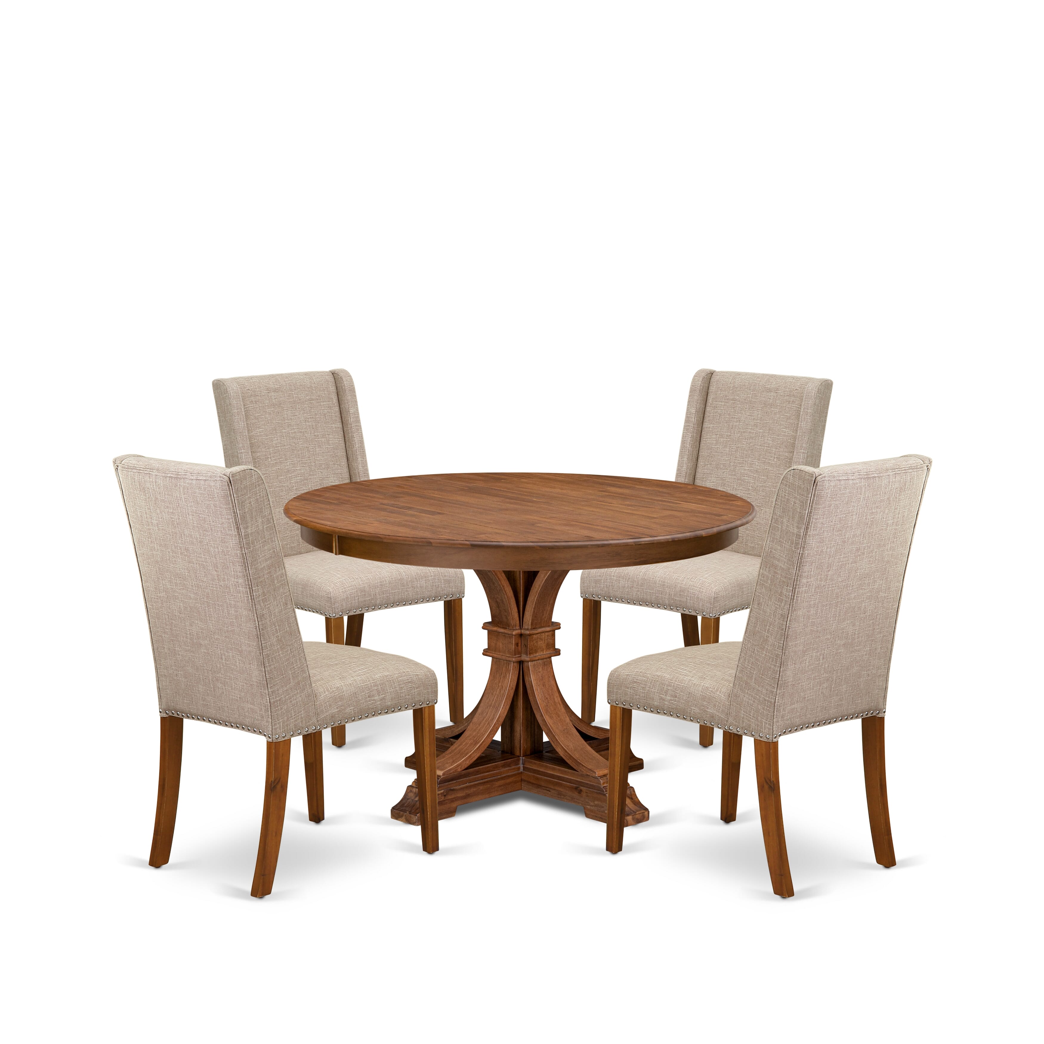 Luxe by East West Furniture F7FL5-40N-04 5-piece Dining Room Table Set included a wooden table and 4 Light Tan Linen Fabric dining chairs with Padded Back - Antique Walnut