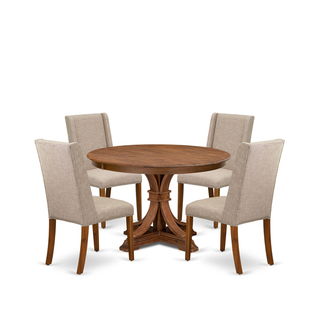 Luxe by East West Furniture F7FL5-40N-04 5-piece Dining Room Table Set included a wooden table and 4 Light Tan Linen Fabric dining chairs with Padded Back - Antique Walnut