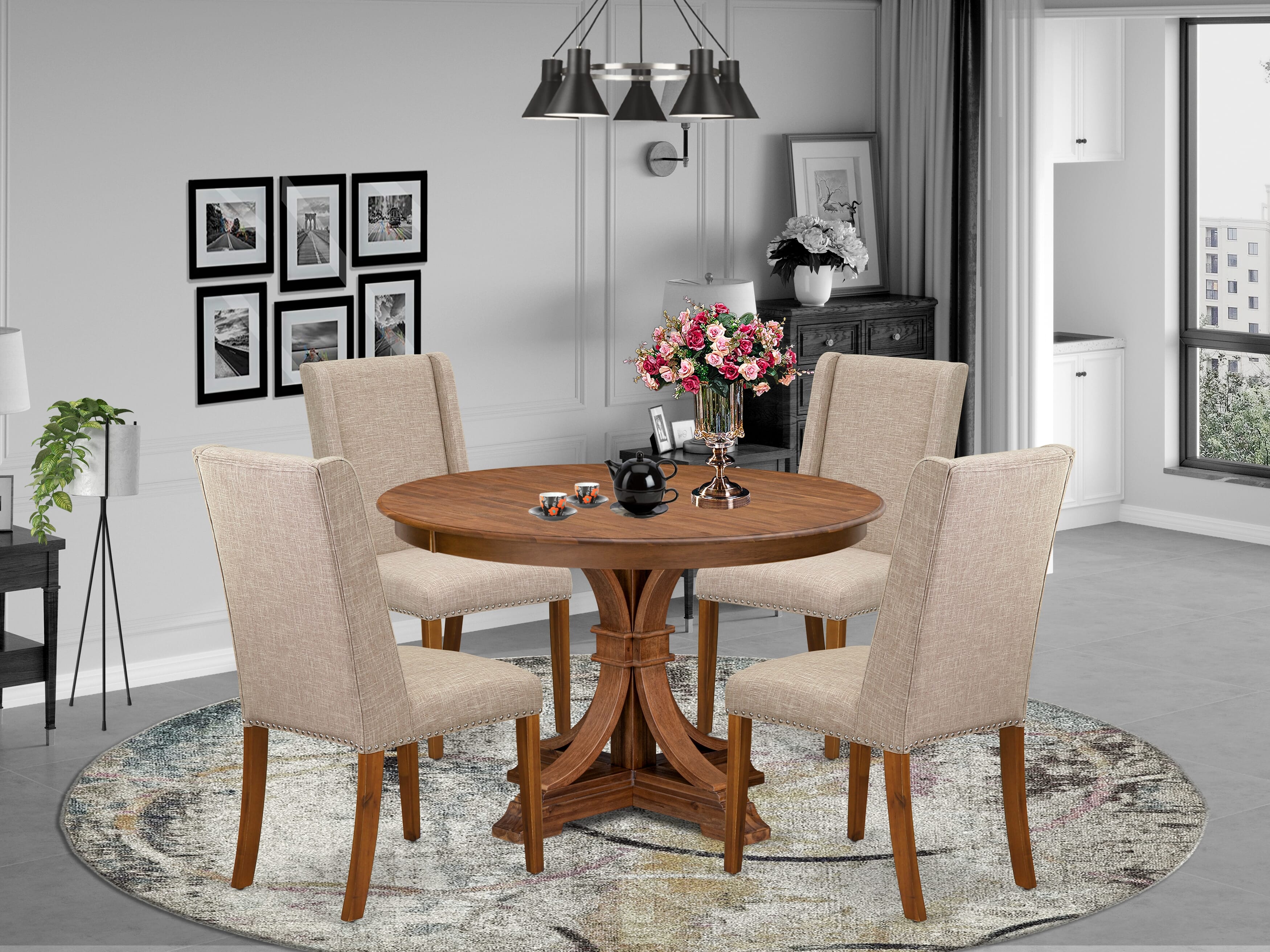 Luxe by East West Furniture F7FL5-40N-04 5-piece Dining Room Table Set included a wooden table and 4 Light Tan Linen Fabric dining chairs with Padded Back - Antique Walnut