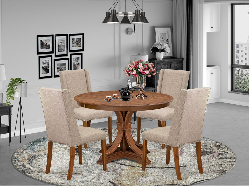 Luxe by East West Furniture F7FL5-40N-04 5-piece Dining Room Table Set included a wooden table and 4 Light Tan Linen Fabric dining chairs with Padded Back - Antique Walnut