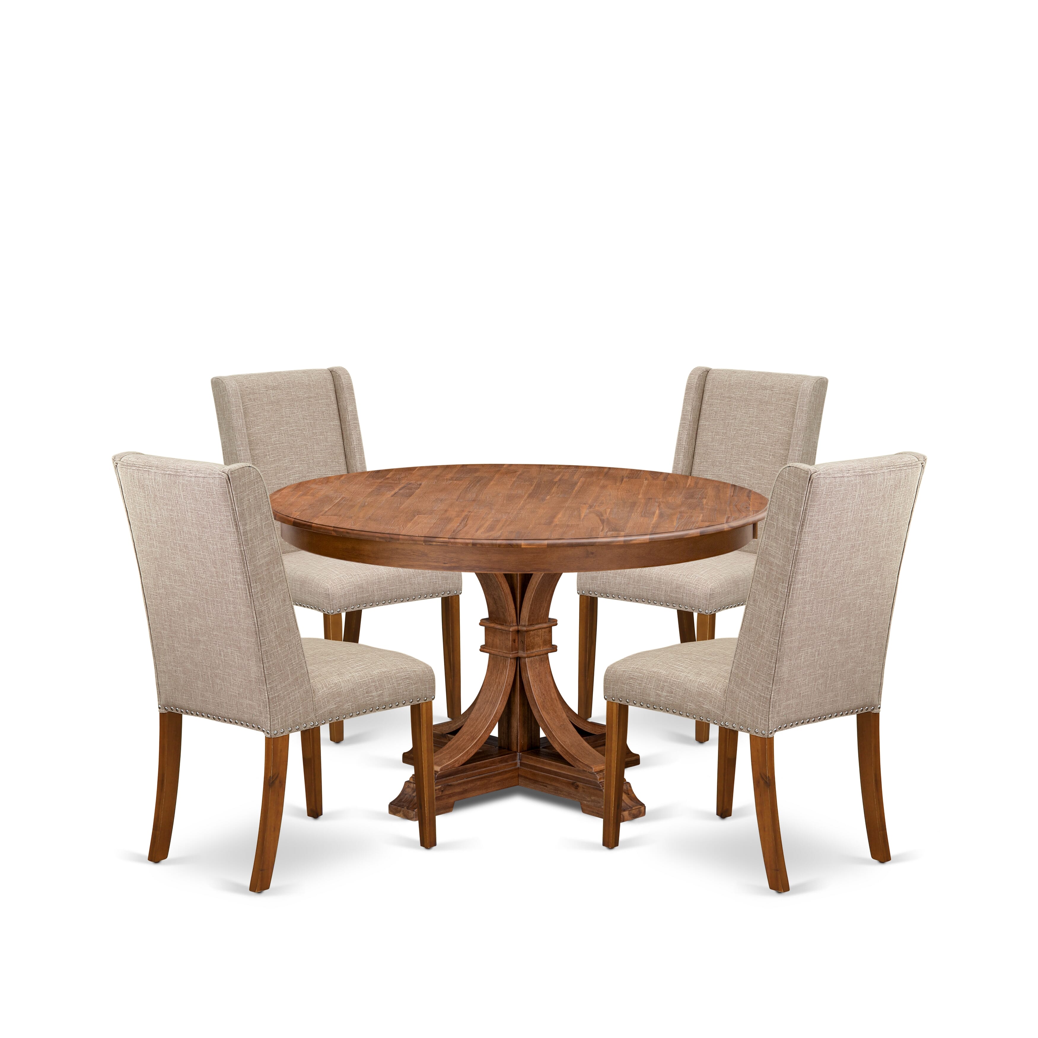 Luxe by East West Furniture F7FL5-50N-04 5-piece Dining Table Set consists of a kitchen table and 4 Light Tan Linen Fabric modern chair with Padded Back - Antique Walnut