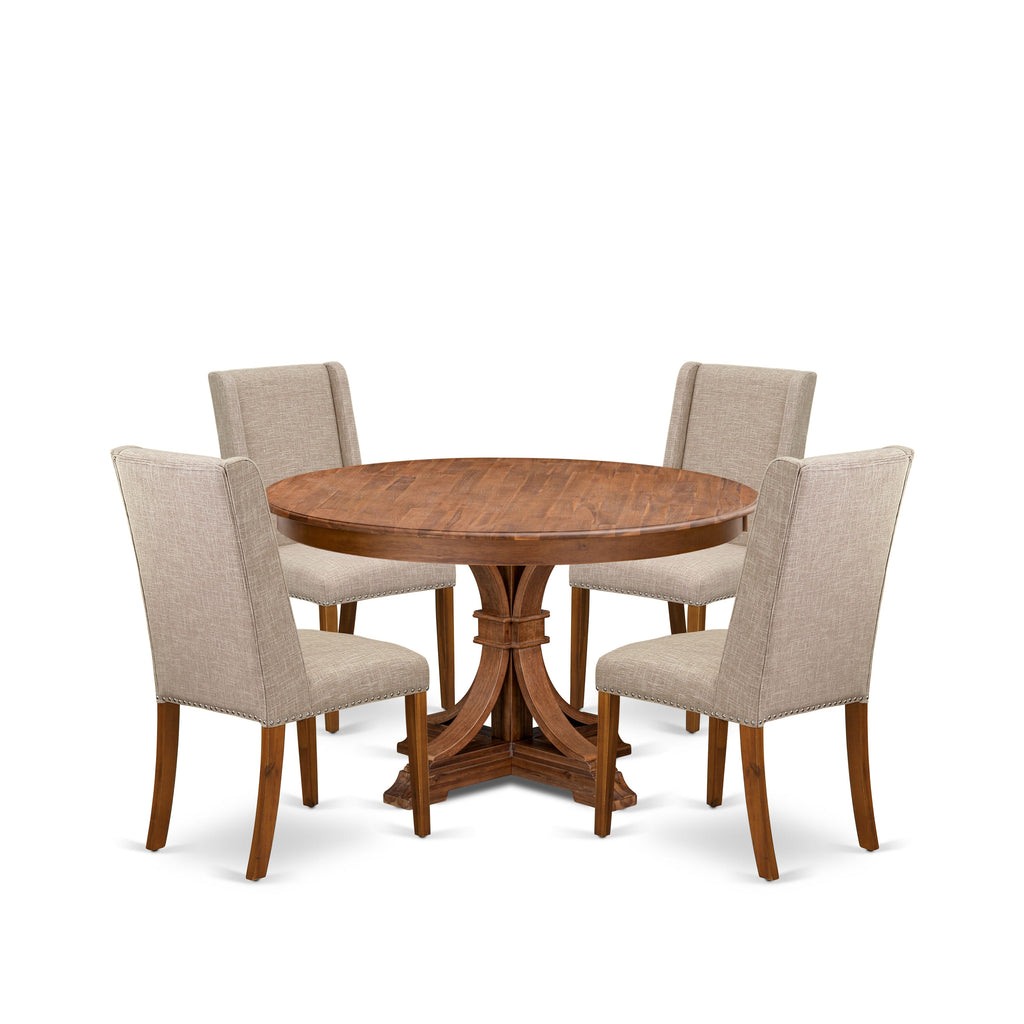 Luxe by East West Furniture F7FL5-50N-04 5-piece Dining Table Set consists of a kitchen table and 4 Light Tan Linen Fabric modern chair with Padded Back - Antique Walnut